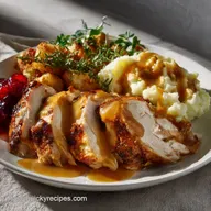 Thanksgiving Dinner Plate with Roasted Turkey and Gravy