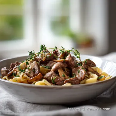 Beef Stroganoff Dish with Mushrooms in 30 Min Recipe Card