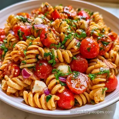 Tomato Mozzarella Pasta Salad in 25 Min Recipe Card
