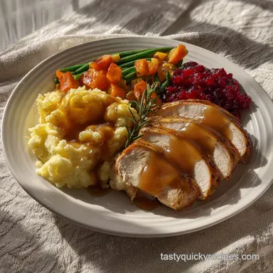 Thanksgiving Dinner Plate with Roasted Turkey and Gravy Recipe Card