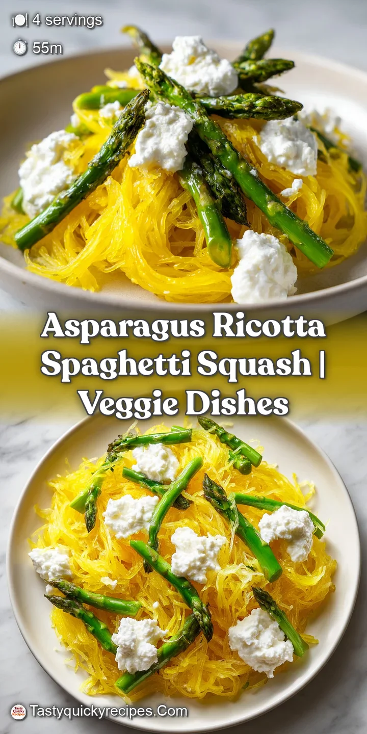 Close-up of tender green asparagus tips and golden squash strands coated in rich, creamy white ricotta cheese.