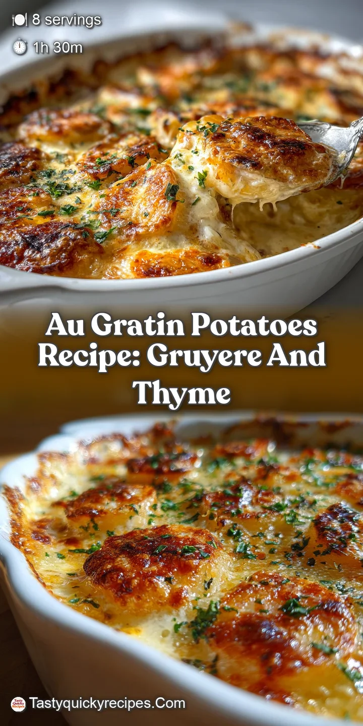 Close-up of rich, creamy, cheesy potatoes au gratin. Bubbly, golden brown top and tender layers are visible.