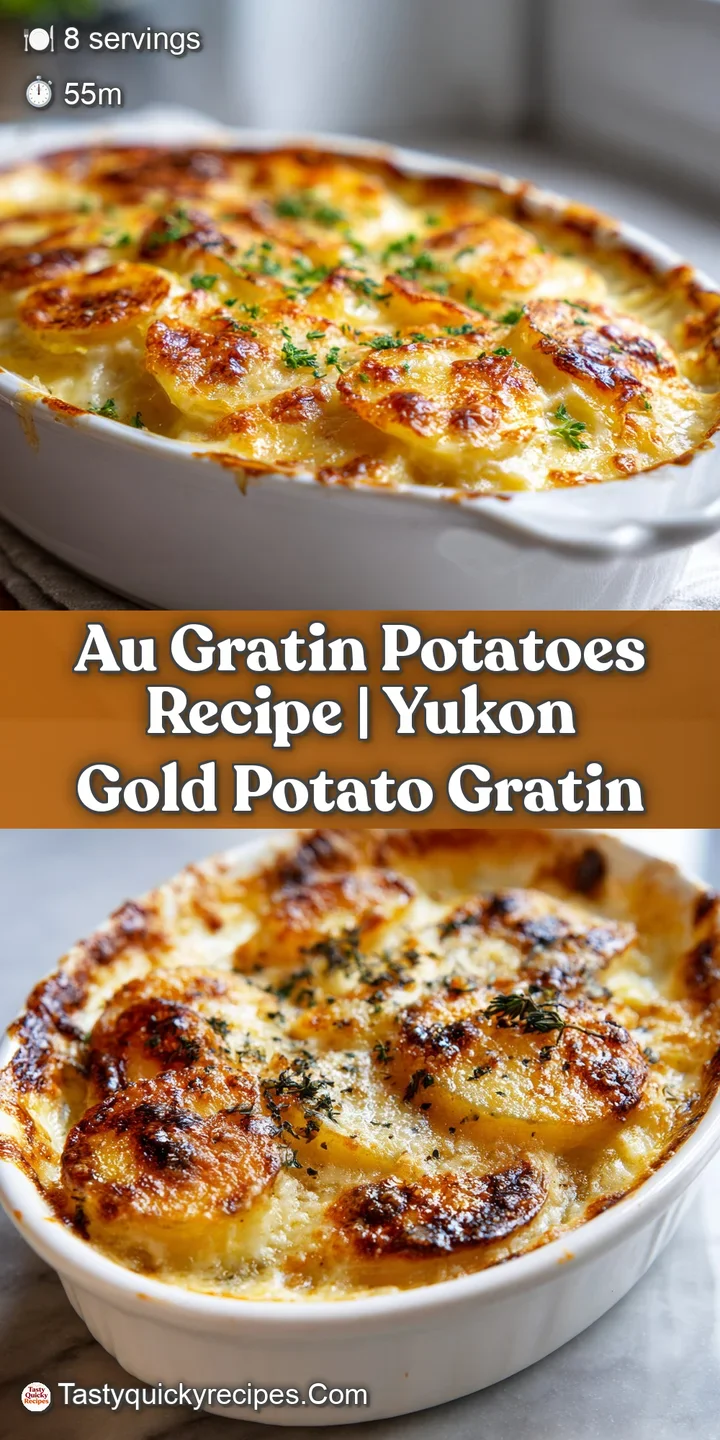 Close-up of creamy au gratin potatoes with a rich, bubbly top layer of cheese and sauce, hints of browning add to the deli...