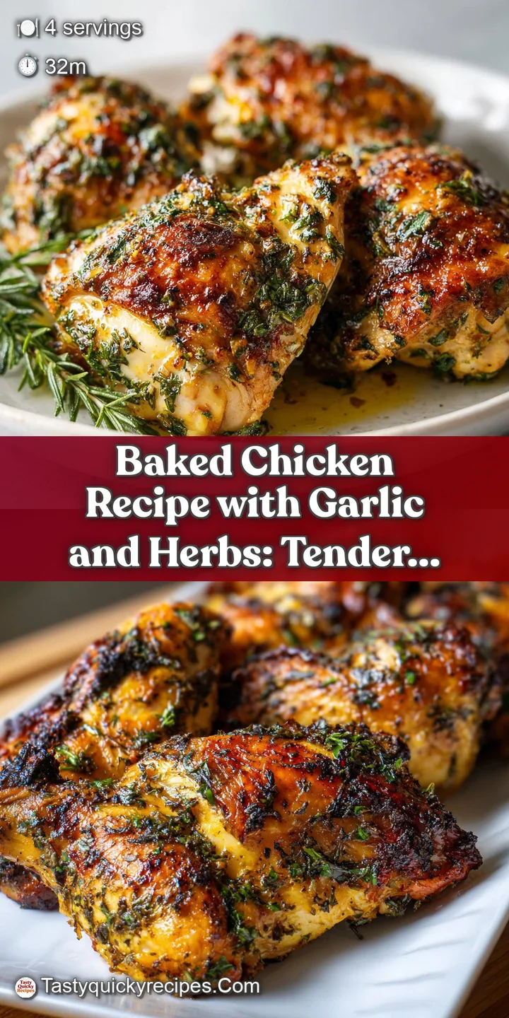 Close-up shows crispy, herb-flecked skin on a juicy baked chicken thigh with glistening garlic, appetizing and flavorful.