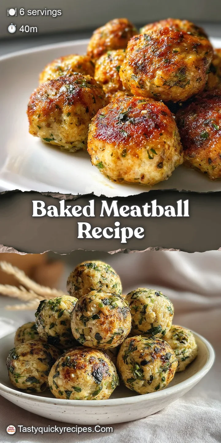 Close-up of a single baked meatball, glistening with sauce and speckled with herbs. Aromatic garlic and baked-in flavor ar...