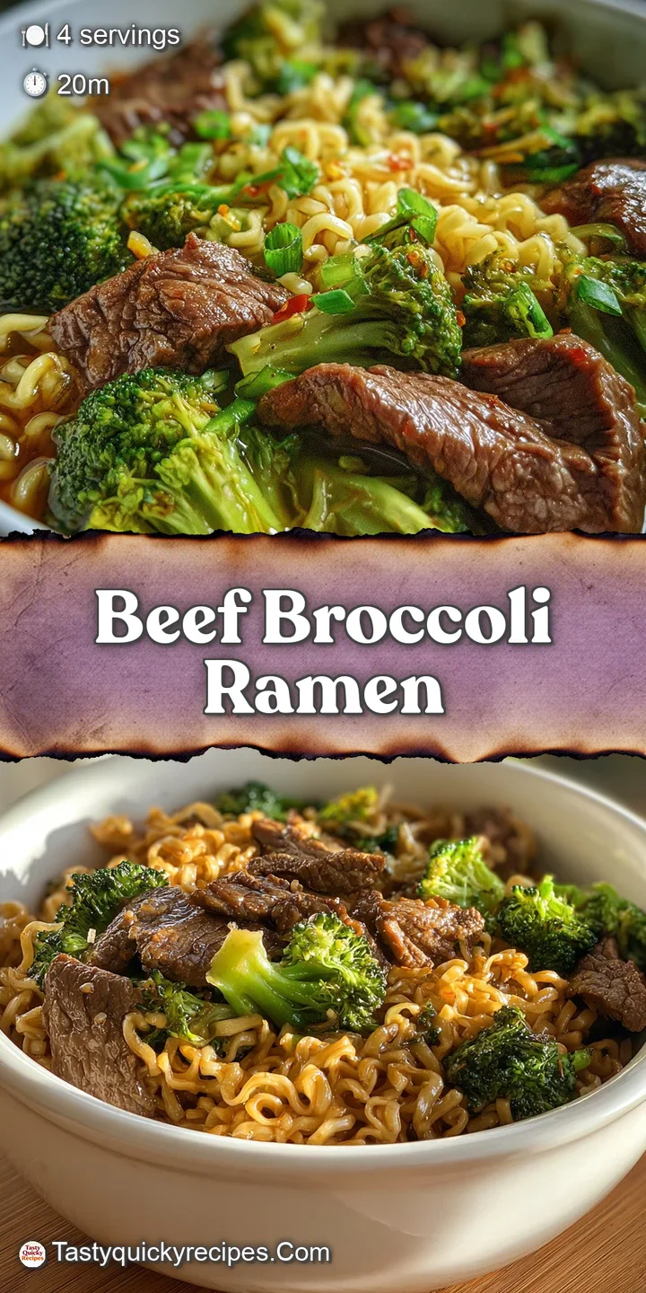 Close-up shows glistening ramen noodles and tender beef coated in dark, rich sauce, accented by bright green broccoli flor...