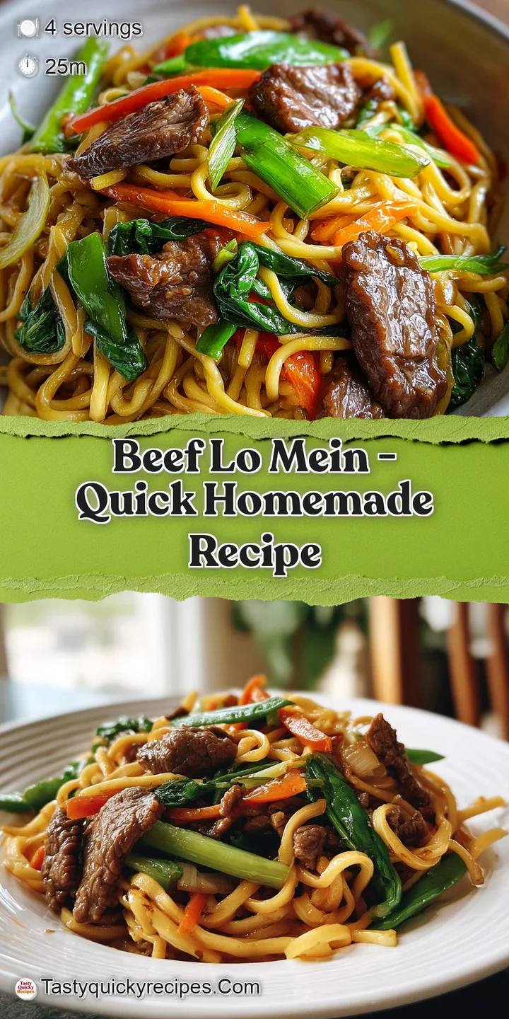 Close-up of savory beef lo mein showing glistening noodles coated in a rich, velvety sauce with tender strips of beef and ...