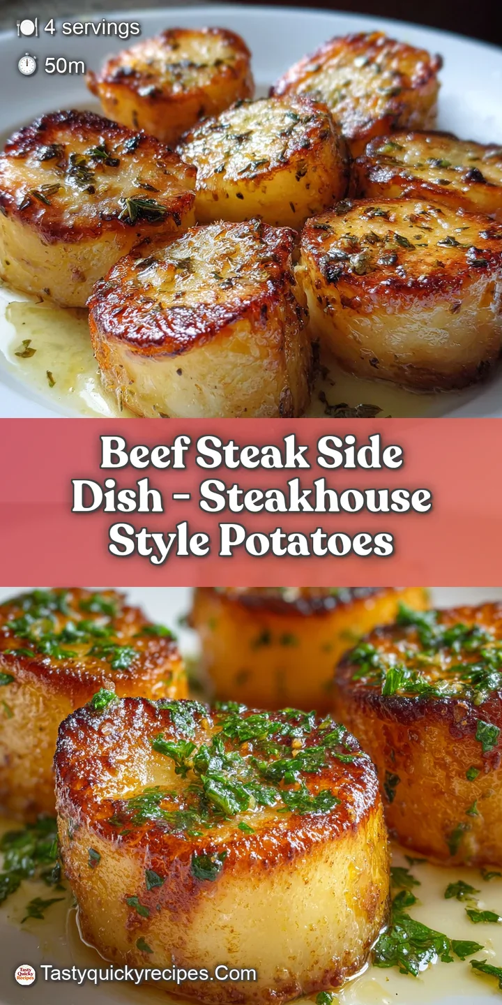 Close-up of a juicy steak with crisp potato edges showing seasoning. Steam suggests warm, savory flavors. Lightly oiled te...