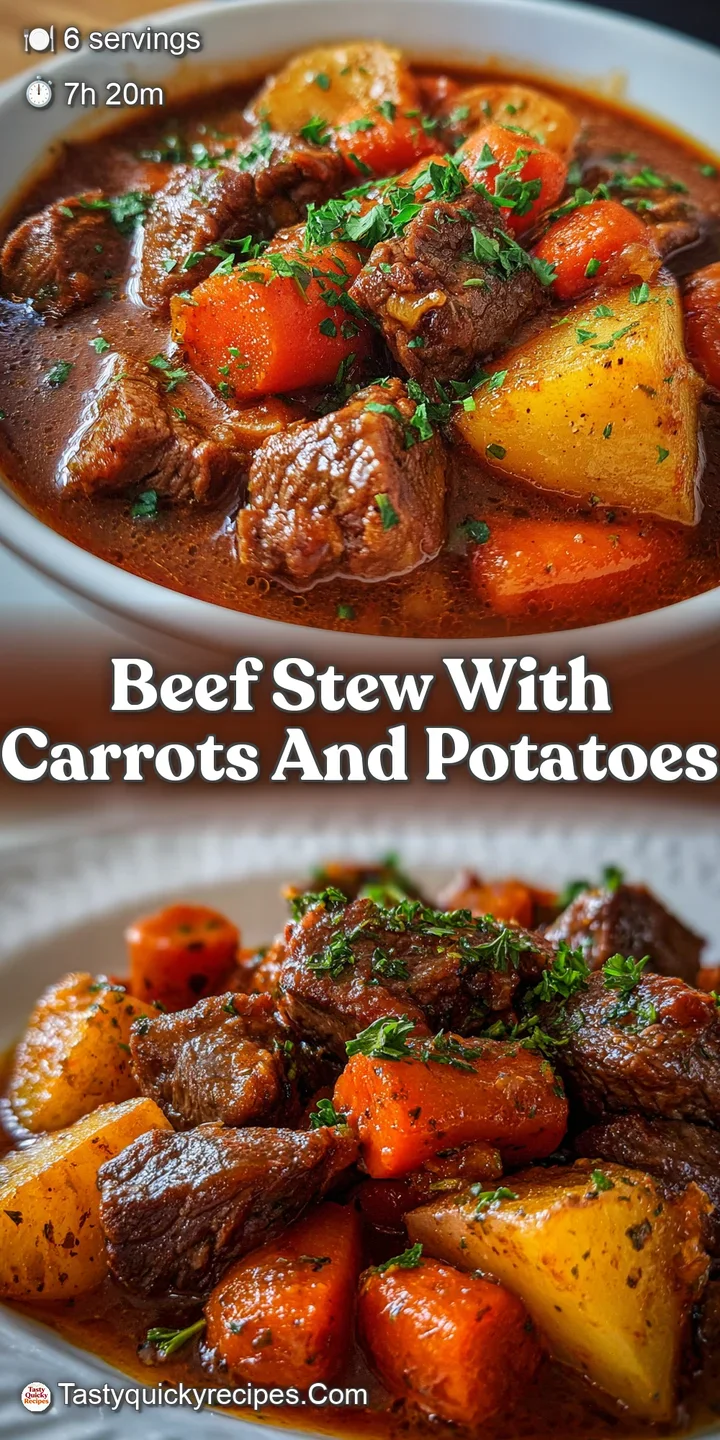 Close-up of tender beef chunks and soft potato pieces in a thick, flavorful stew. Hints of carrots peek through, promising...
