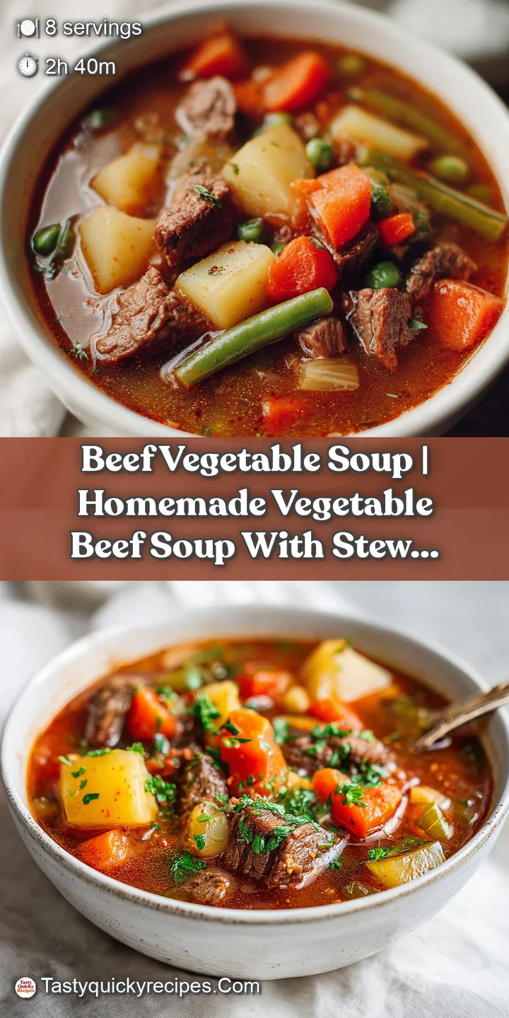 Close-up of savory beef vegetable soup: glistening broth with soft carrots, celery, and tender morsels of beef.