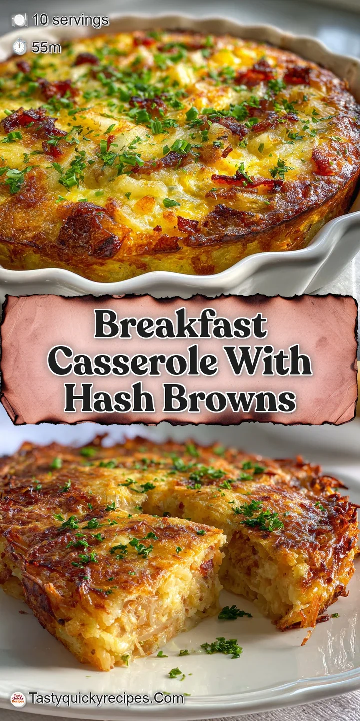 Close-up of a breakfast casserole, bubbly cheese topping with glimpses of savory egg filling studded with colorful peppers...