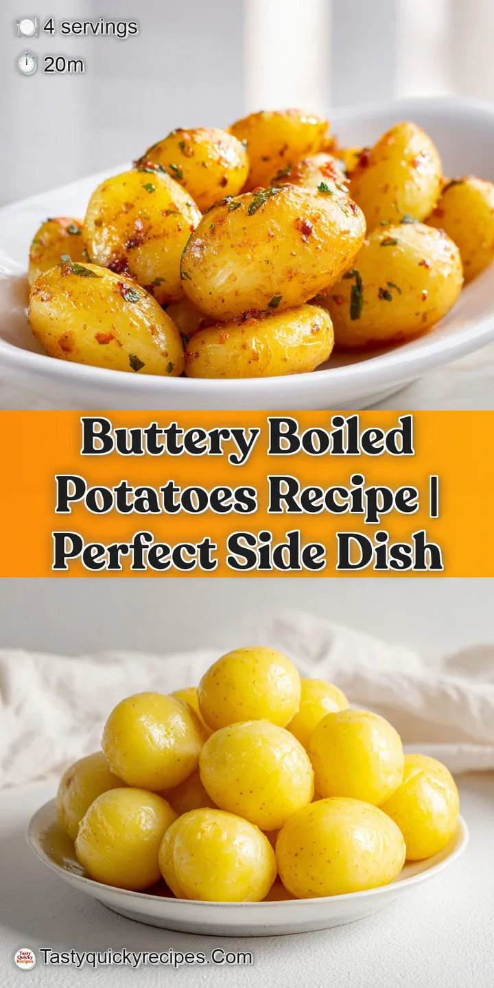 Close-up of plump, soft boiled potatoes bathed in golden melted butter with parsley flecks.