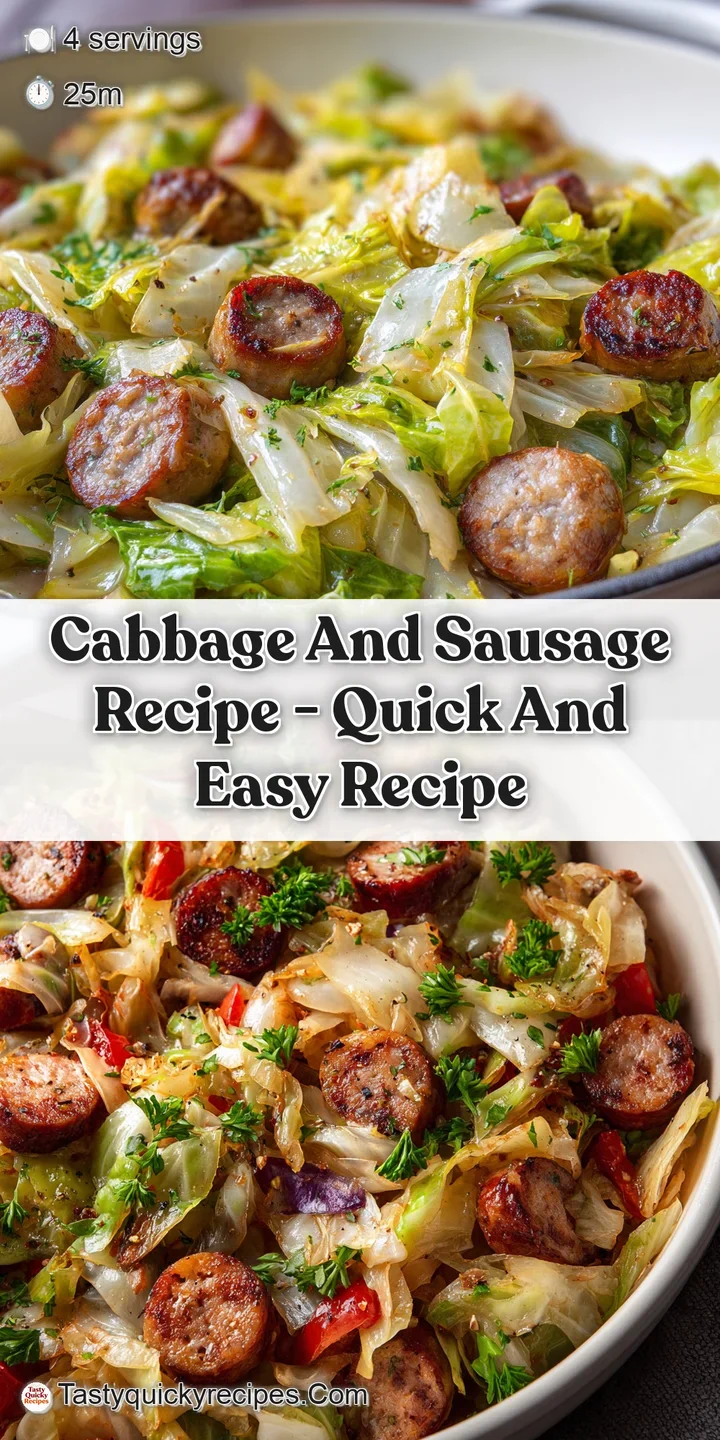 Close-up reveals tender cabbage, browned sausage slices, and glistening herbs, creating a comforting, rustic texture and a...