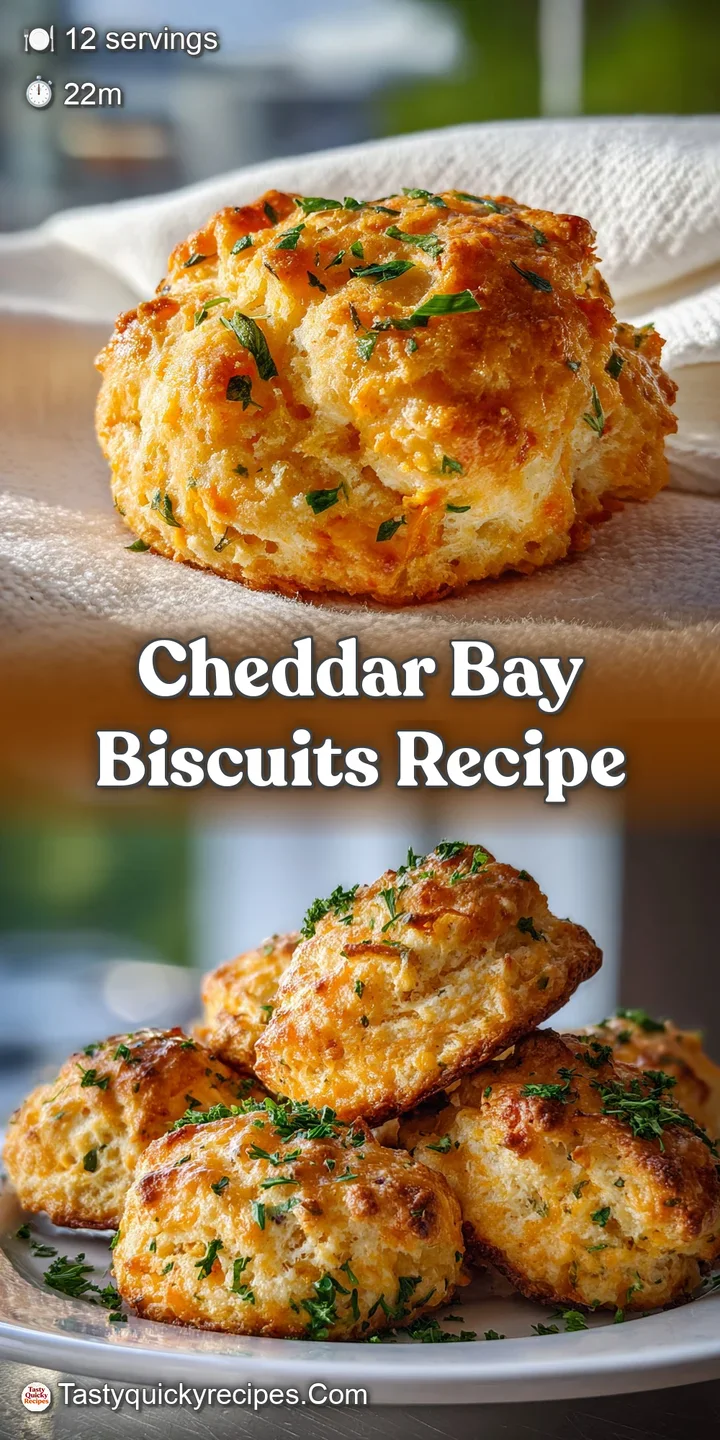 Close-up of a cheesy biscuit, soft interior visible. Golden crust glistening with butter and fragrant herbs, promising a w...