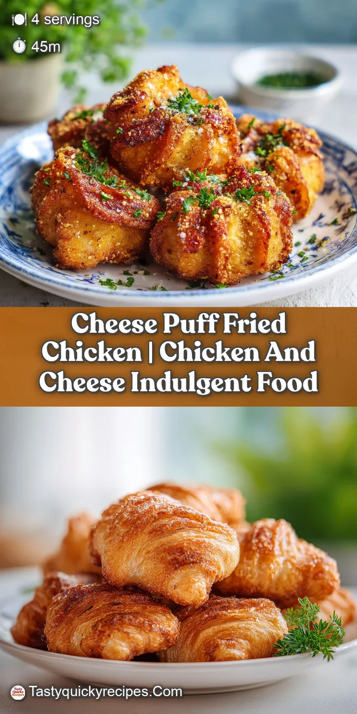 Extreme close-up of a bite-sized cheese puff fried chicken piece, showcasing its airy, golden, and slightly oily texture.