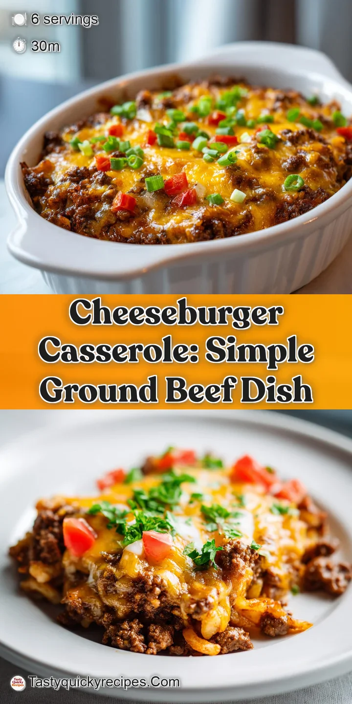 Close-up of a cheeseburger casserole reveals the texture: rich, gooey melted cheese and savory ground beef. A warm, inviti...