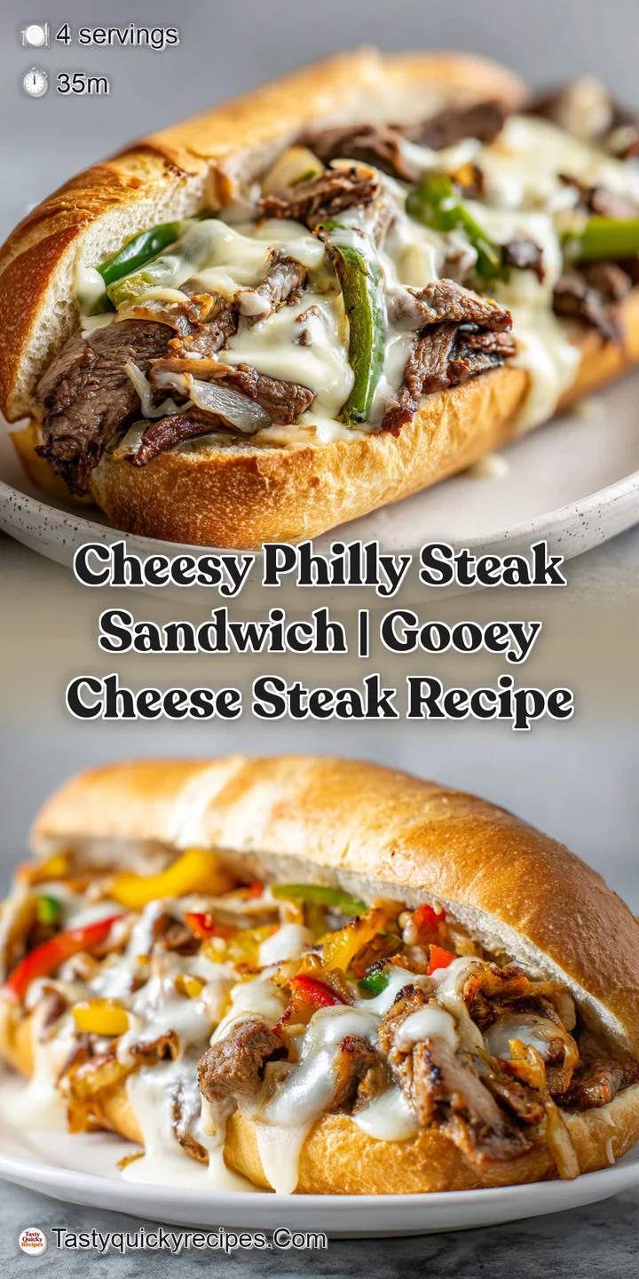 Close-up of a cheesy Philly steak, cheese bubbling and browned, with tender steak and peppers visible inside the bun.