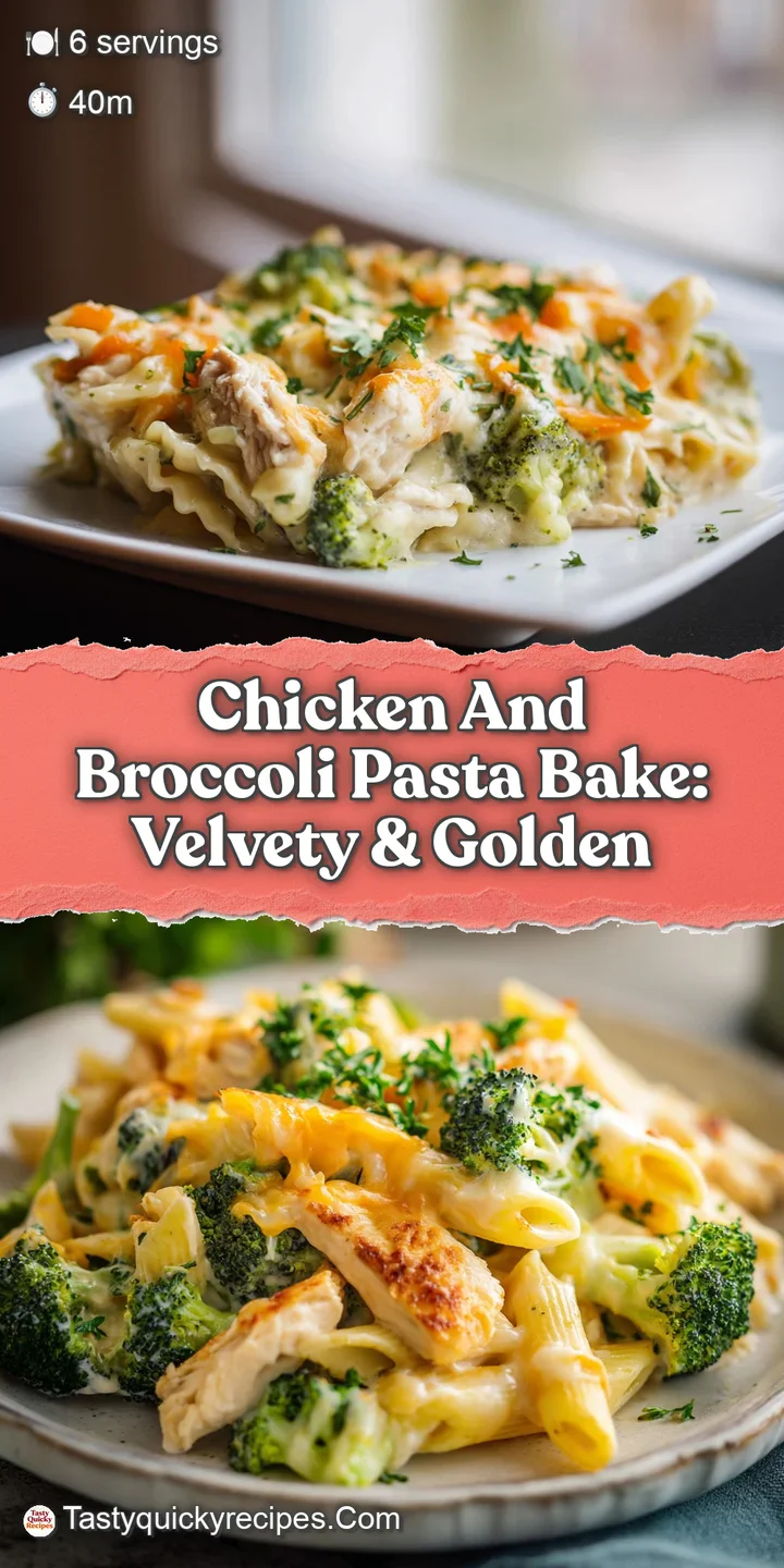 Close-up of creamy pasta bake with tender chicken and crisp-tender broccoli. Melty cheese stretches invitingly from the go...
