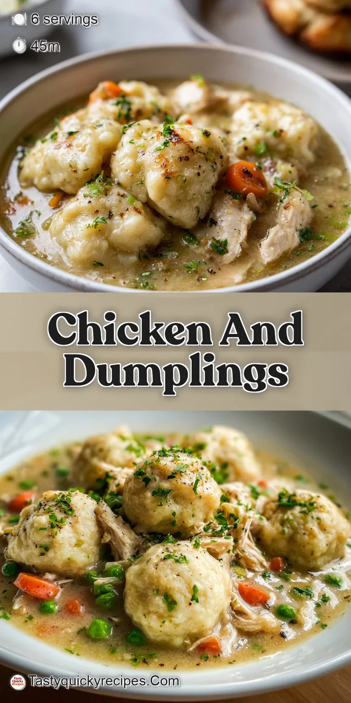 Close-up of chicken and dumplings: tender chicken, soft dumplings, and a glistening, flavorful broth. A comforting and war...