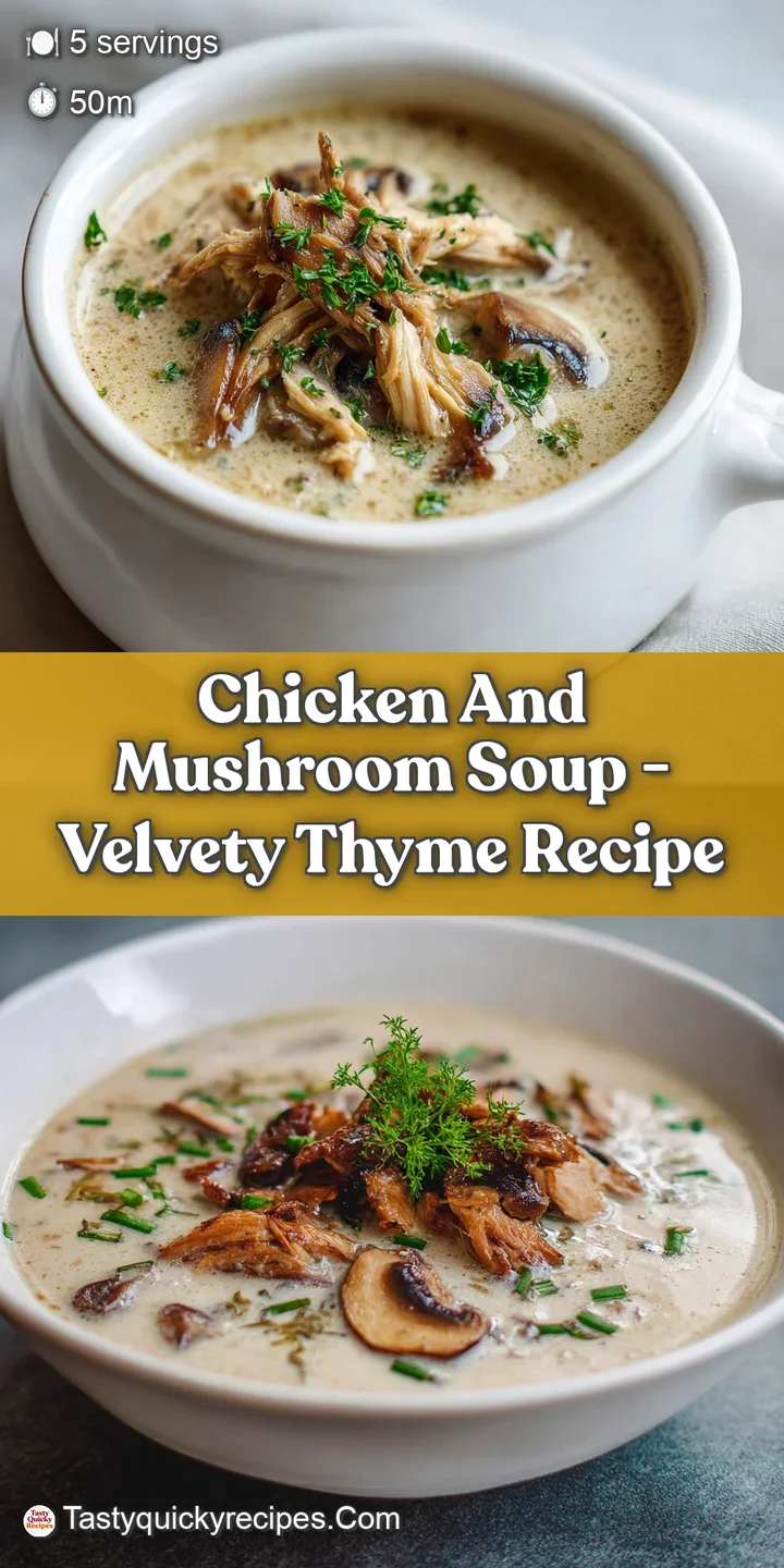 Close-up view of steaming chicken and mushroom soup, showcasing the creamy texture, juicy chicken, and earthy mushrooms.