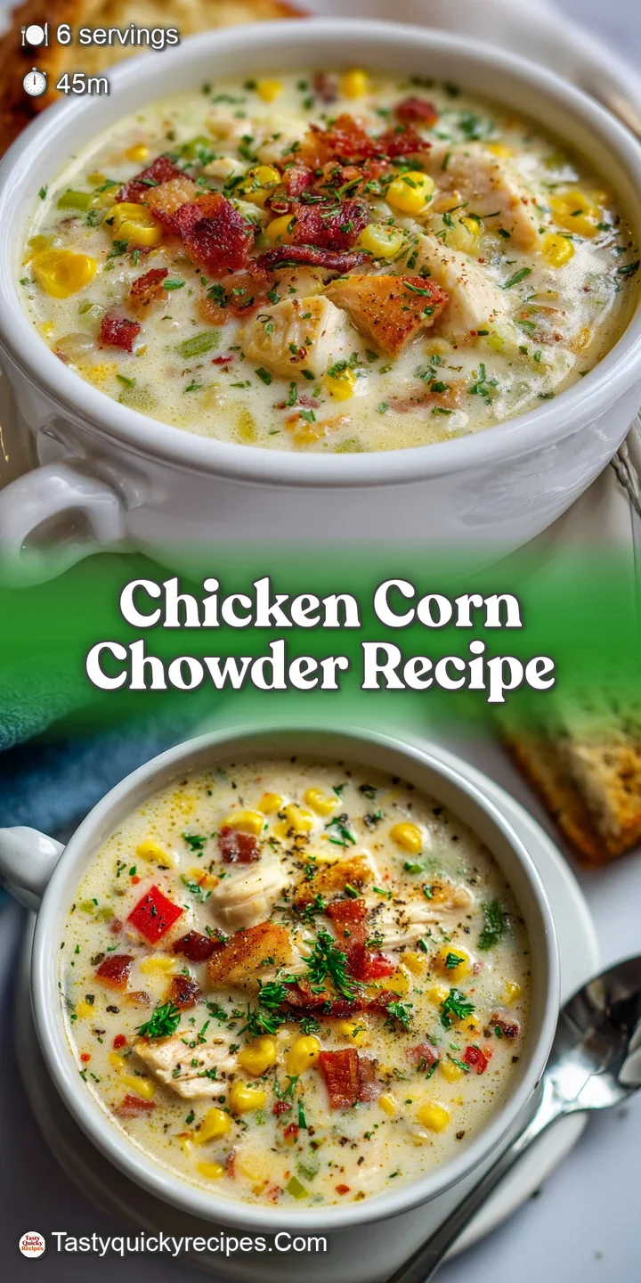 Close-up of creamy chicken corn chowder reveals juicy chicken, sweet corn kernels, and soft potatoes. Texture is rich and ...
