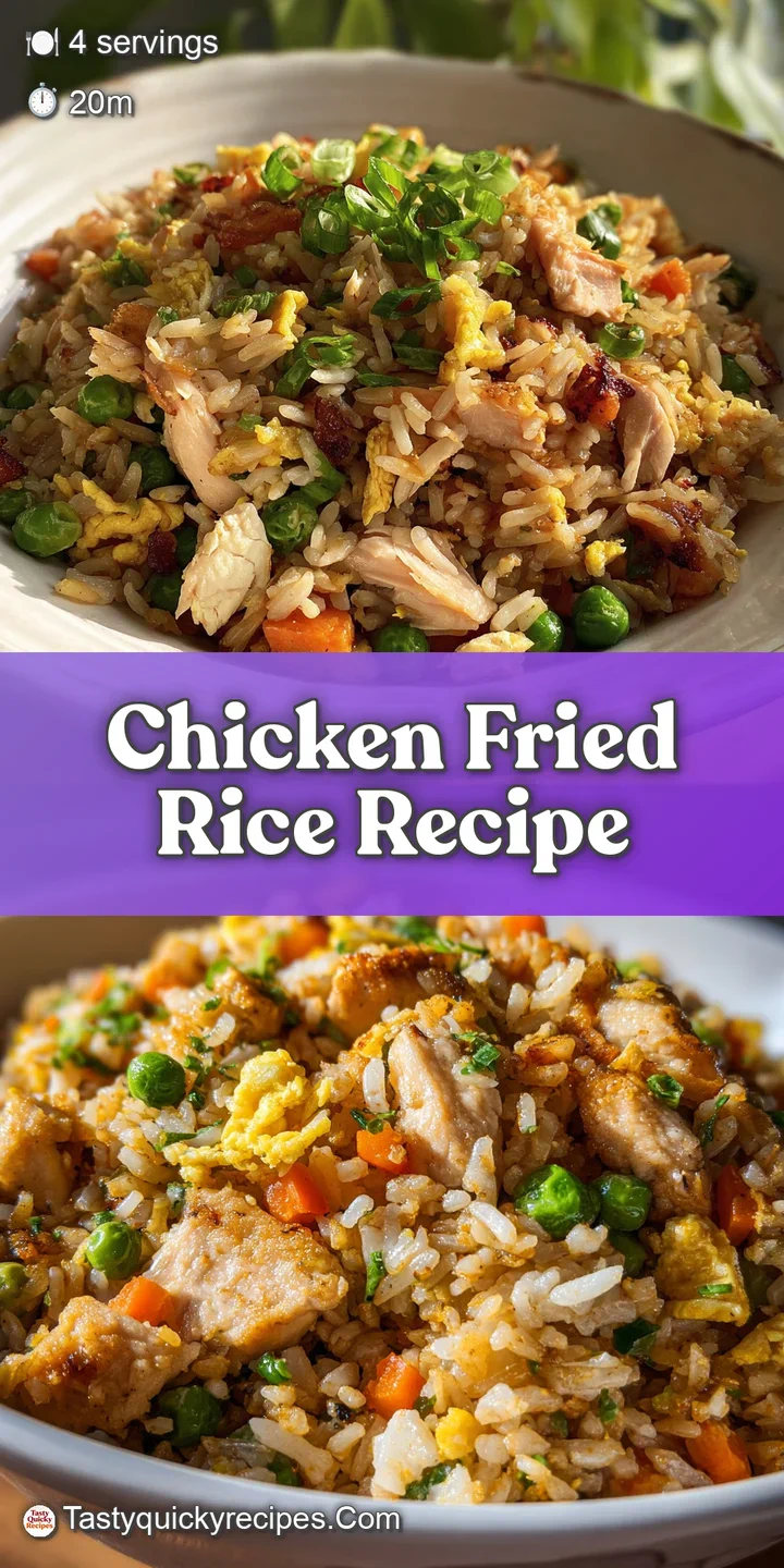 Close-up of tender chicken pieces mixed within golden rice, showcasing the savory glaze and colorful diced carrots and pea...