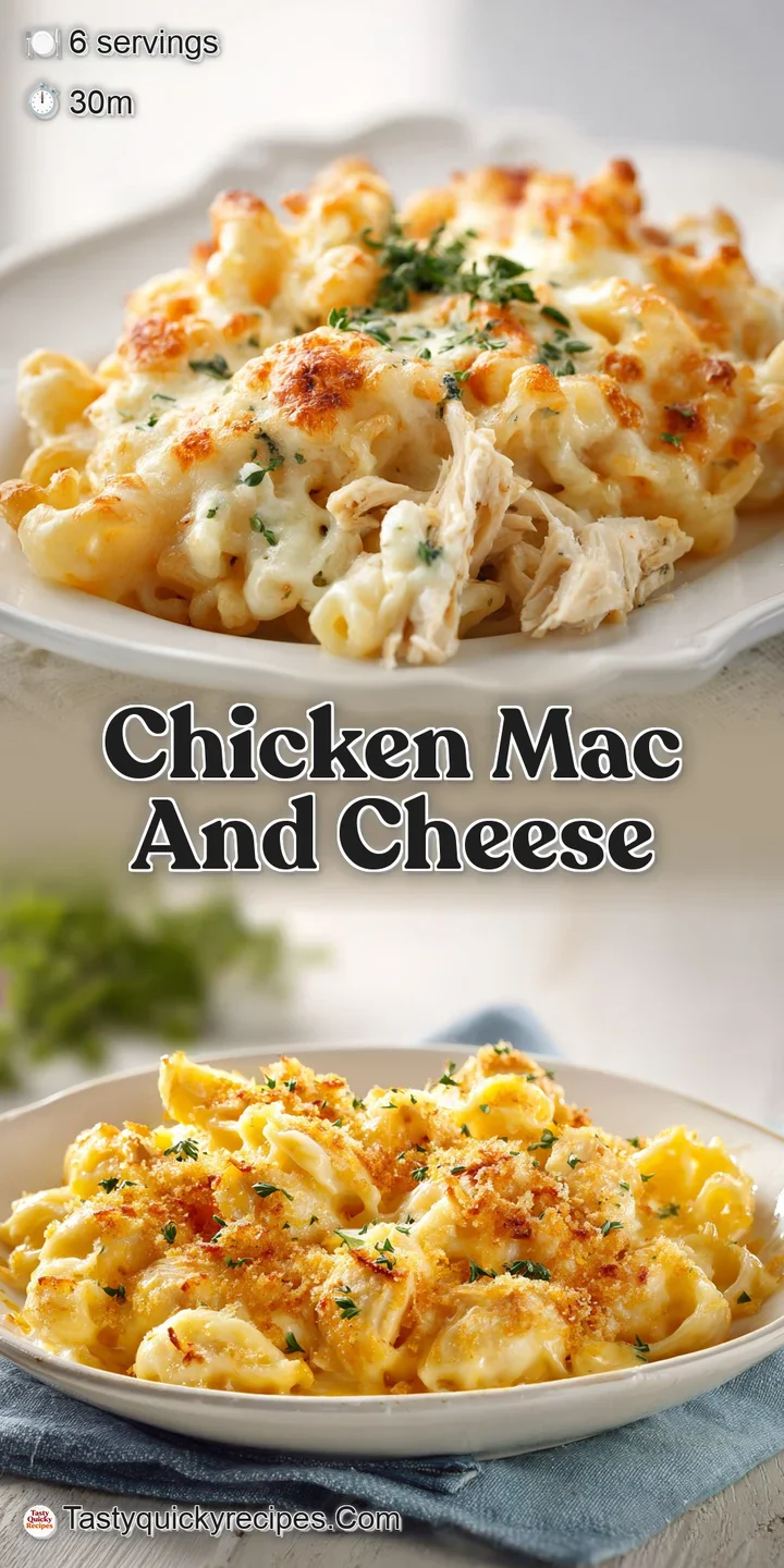 Close-up of rich, golden mac and cheese studded with juicy chicken. Steam rises, hinting at a warm and satisfying meal.