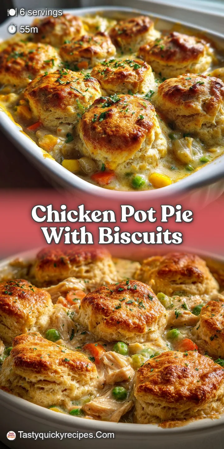 Close-up of chicken pot pie with a perfectly golden biscuit. Rich, creamy filling glistens, promising comforting flavor.
