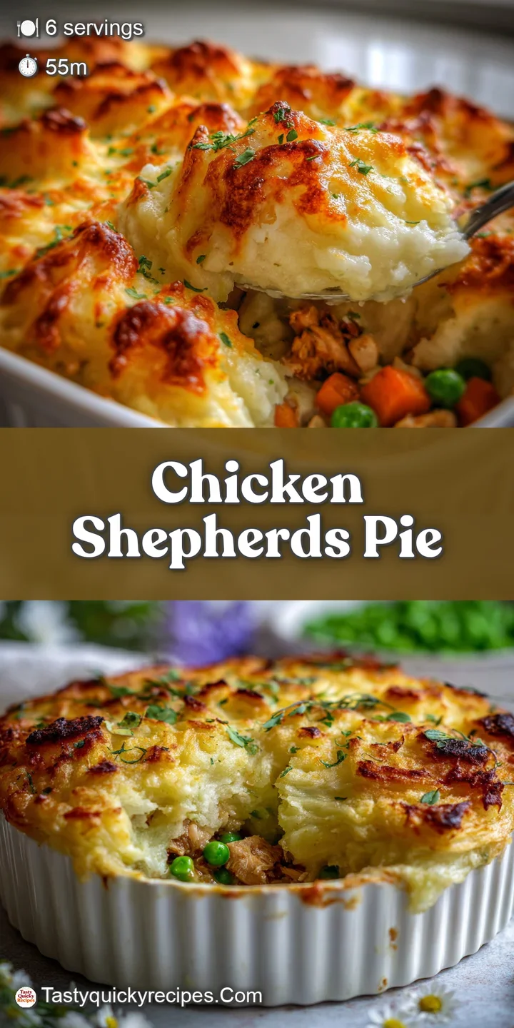 Close-up of chicken shepherd's pie featuring a glistening, golden crust and tender, steaming chicken and vegetable filling.