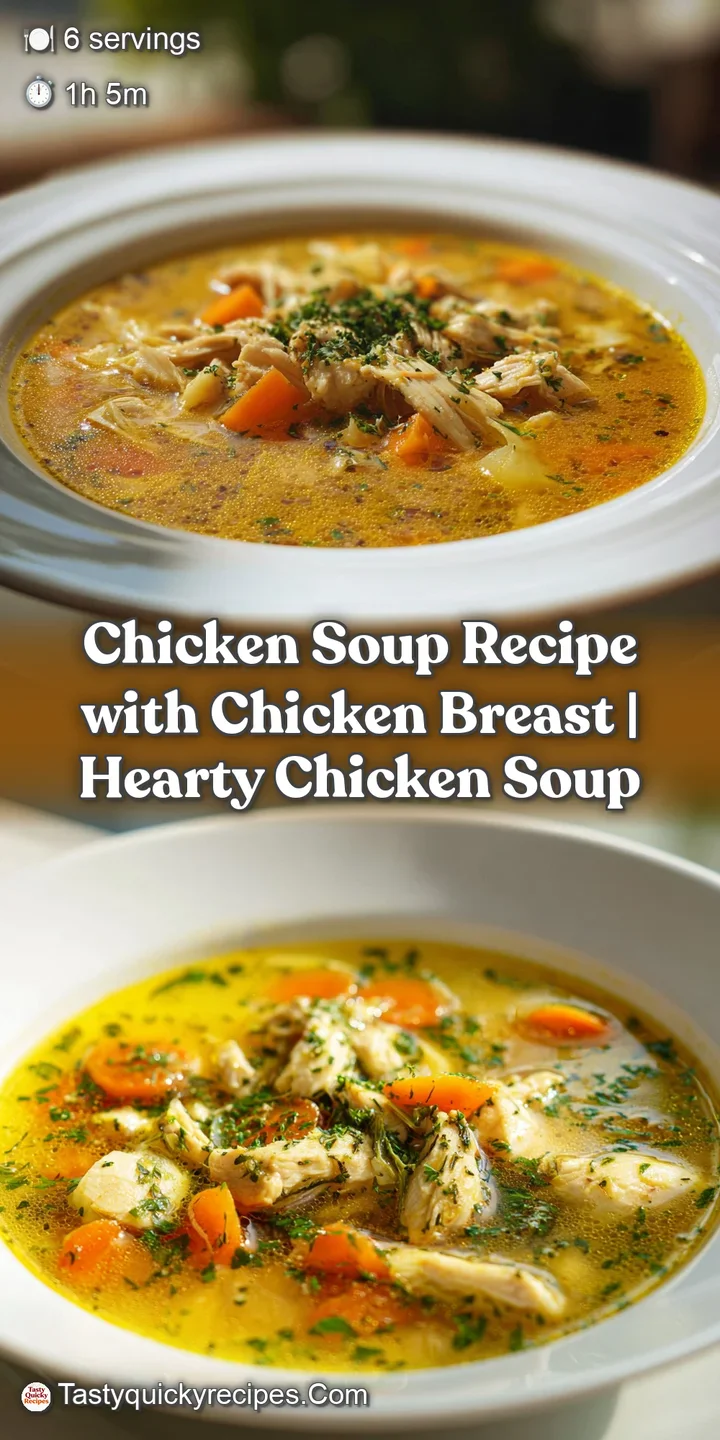 Close-up of chicken soup: shimmering broth with strands of chicken, colorful diced carrots, celery, and herbs, inviting wa...