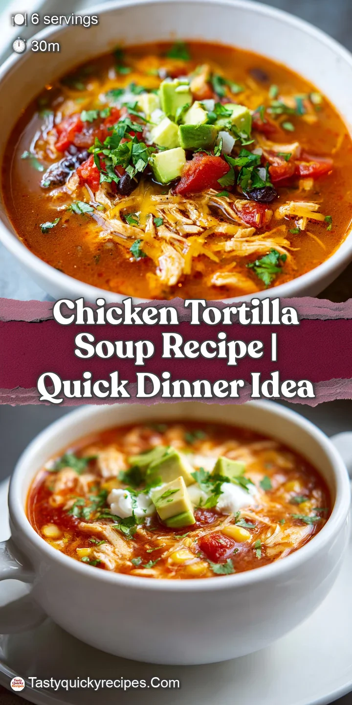Close-up of rich, savory chicken tortilla soup with tender chicken, bright vegetables, and crunchy, golden tortilla strips.