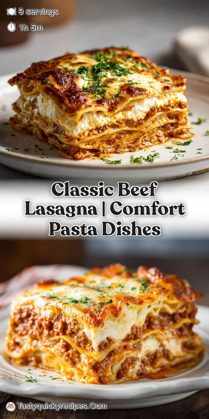Close-up reveals the lasagna's rich, meaty layers. Melted mozzarella browns attractively, with flecks of herbs and a savor...