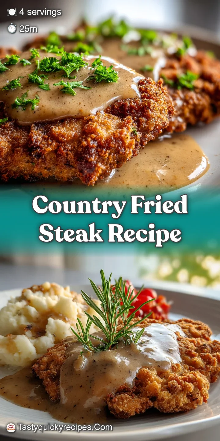 Close-up of a golden-brown, crispy crusted country fried steak with visible pepper and herbs, ready to eat. Tempting and s...