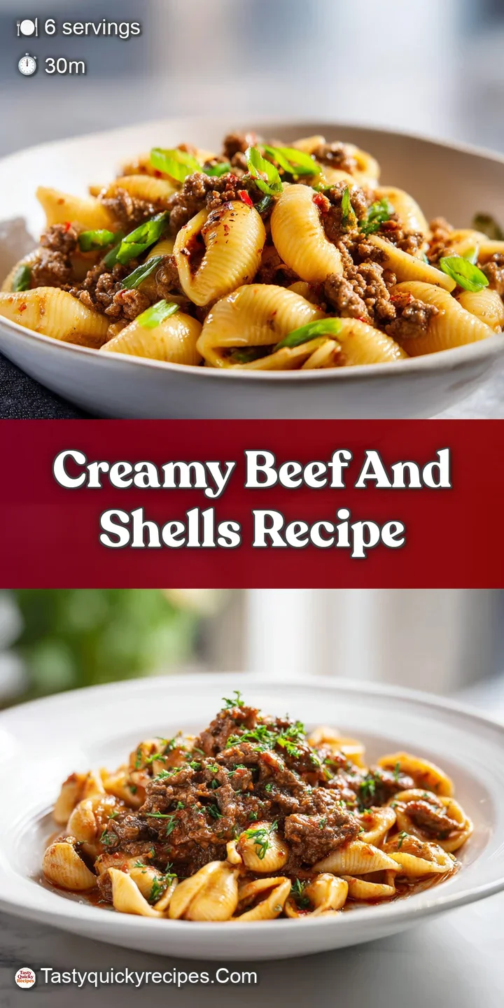 Extreme close-up of steam rising from a forkful of tender pasta shells coated in a rich, velvety beef sauce.