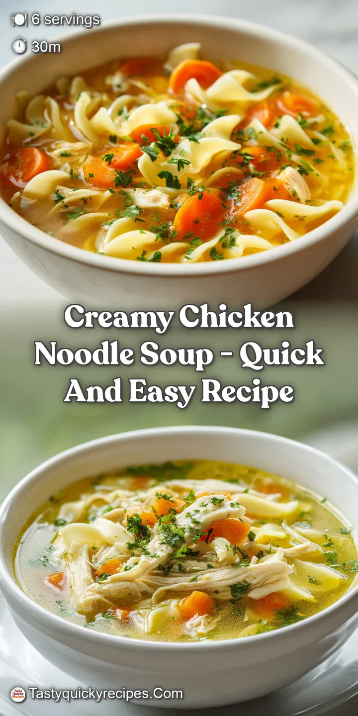 Close-up of chicken noodle soup: tender chicken, plump noodles, and colorful vegetables simmer in a creamy, inviting broth.