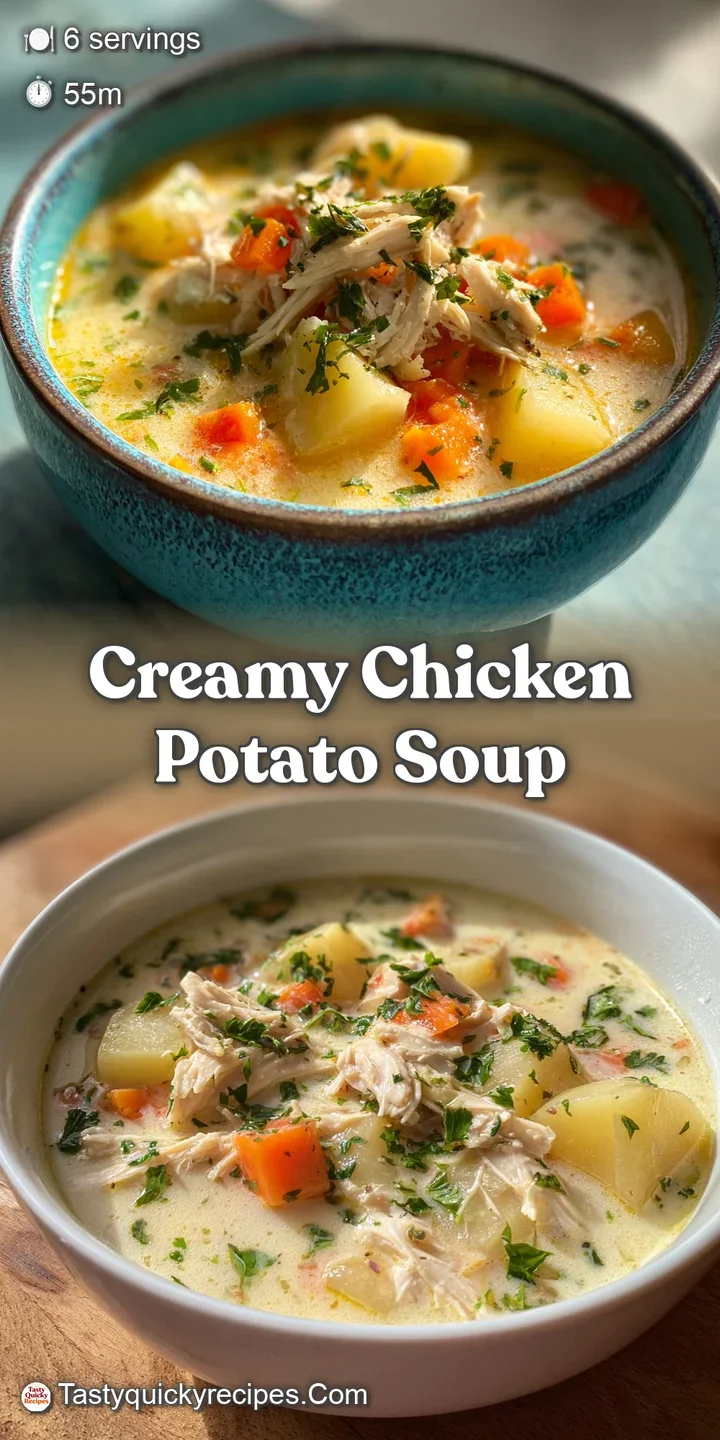 Close-up of creamy chicken potato soup with tender potatoes, shredded chicken, and fresh herbs. Steaming and appetizing.