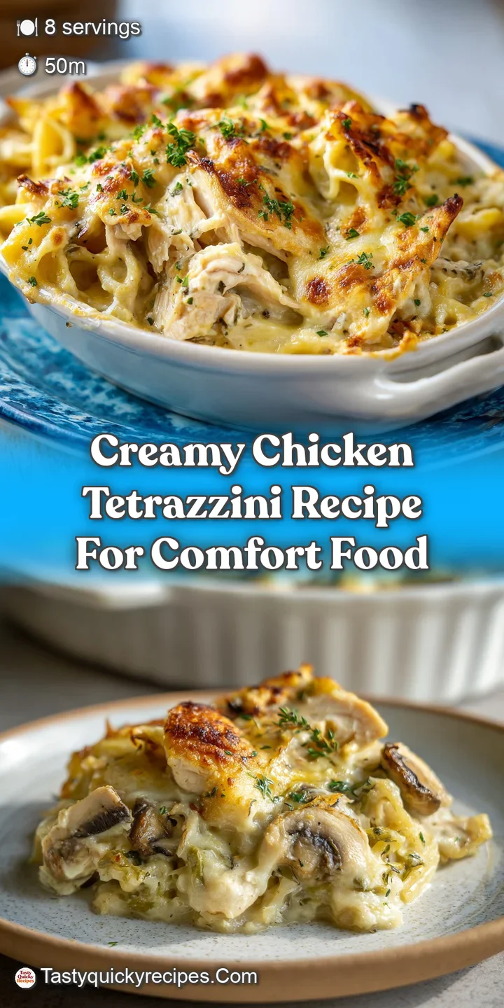 Close-up: Creamy tetrazzini noodles with juicy chicken pieces. Golden-brown, bubbly cheese crust. Steaming hot and ready t...