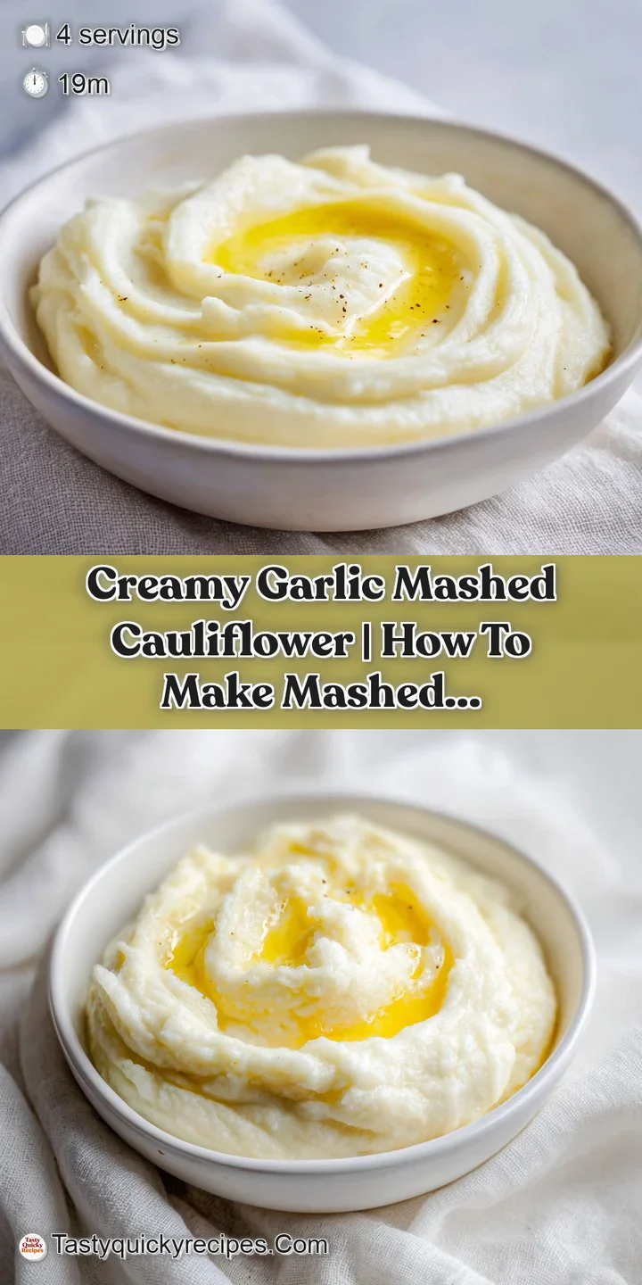 Close-up of velvety white cauliflower mash with a glossy butter finish and tiny flecks of toasted garlic pieces.