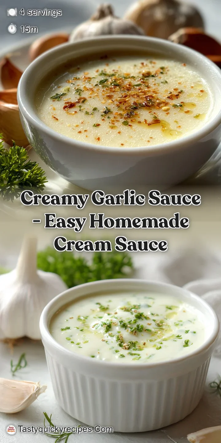 Lustrous, ivory sauce clings to the pasta. Garlic and herb specks entice. The creamy texture looks rich and deeply flavorful.