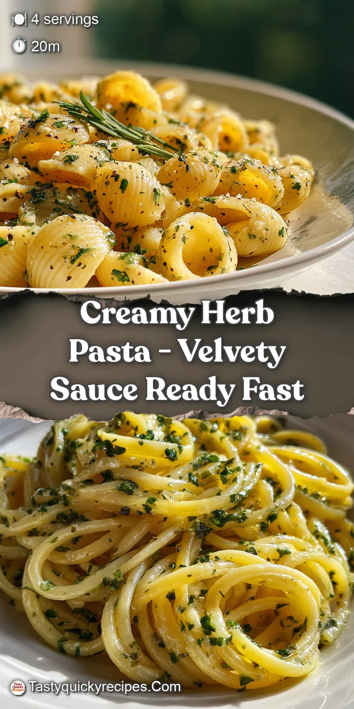 Close-up of creamy pasta strands glistening with a light sauce, flecked with vibrant green herbs and cracked pepper.