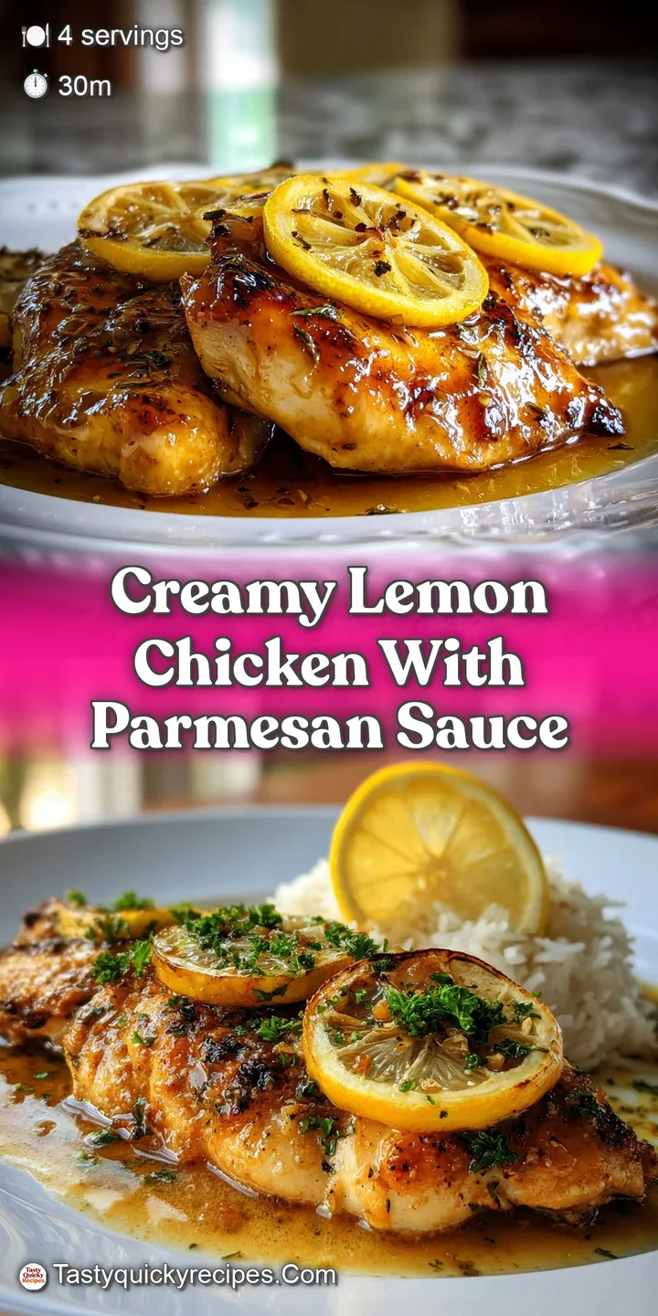 Close-up of lemon chicken; bright sauce glistens, parmesan melts, herbs are fresh and fragrant, looks so delicious.