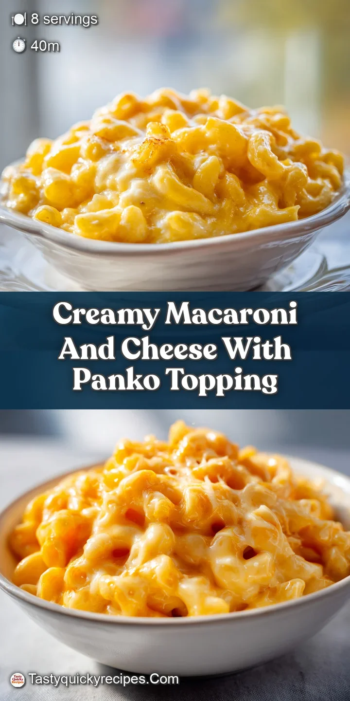 Creamy macaroni and cheese, close-up shows a bubbly, golden-brown panko crust. Cheesy steam rises, making it look incredib...
