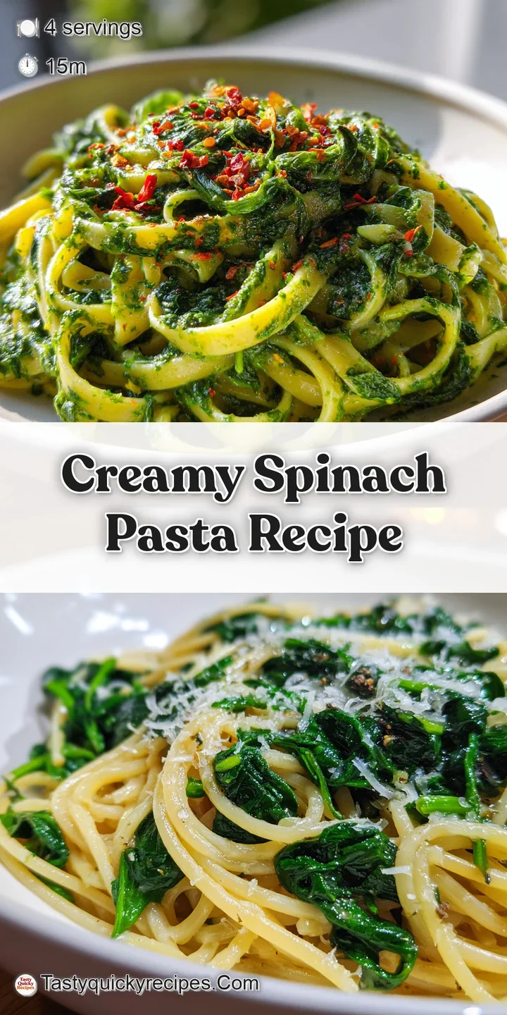 Close-up: Shiny, rich spinach pasta strands coated in cream sauce, catching the light. Hints of garlic & herbs are visible.