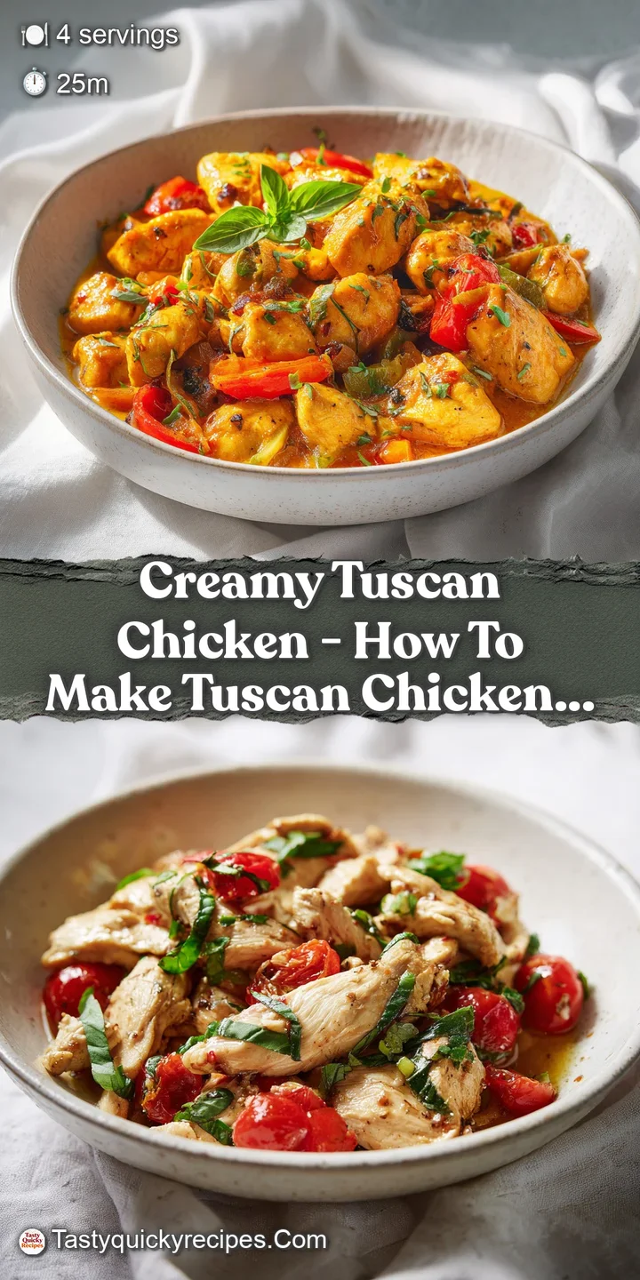 Close-up of tender chicken bathed in a luscious, creamy Tuscan sauce with visible sun-dried tomatoes and spinach.