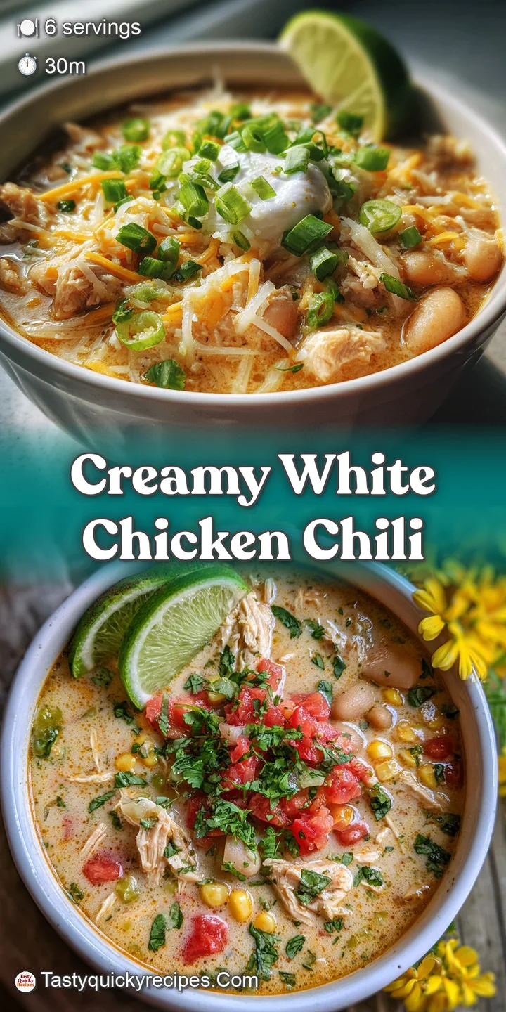 Close-up of white chicken chili: juicy chicken, creamy broth, and pops of green from herbs create a mouthwatering texture.