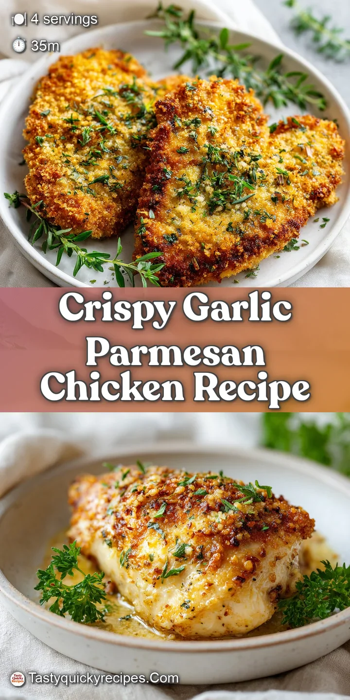 Close-up of tender chicken coated in a rich, melted parmesan crust, speckled with garlic and herbs, radiating warmth and f...