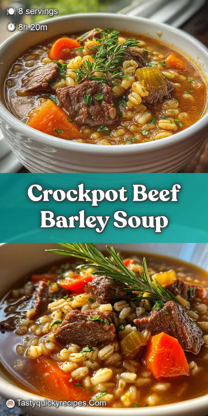 Close-up of beef barley soup showcasing the depth of the dark broth, soft barley, and perfectly tender morsels of beef.