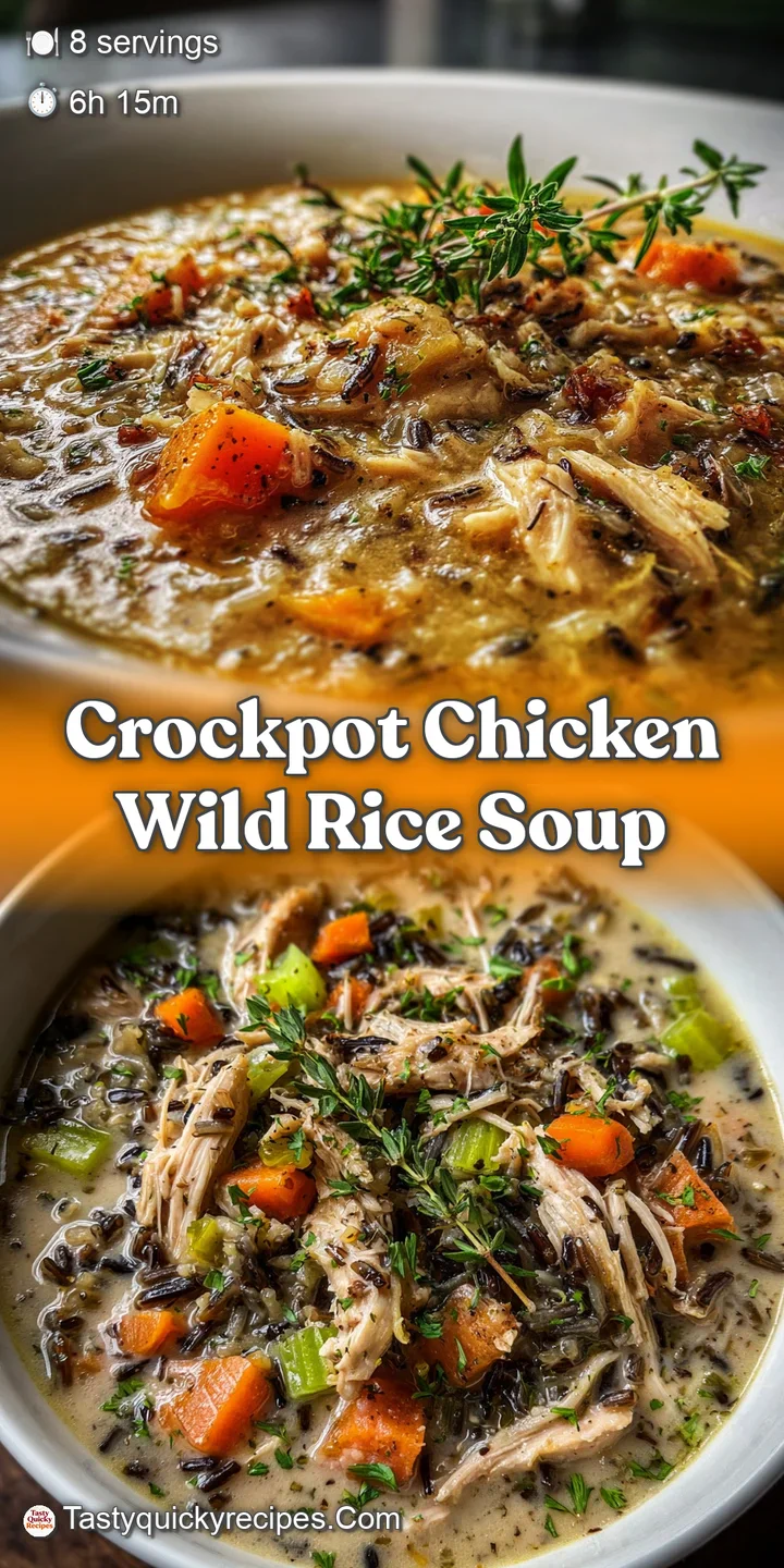 Creamy, thick wild rice soup with shredded chicken. Close-up showing rich texture and colorful vegetables. A hearty and co...