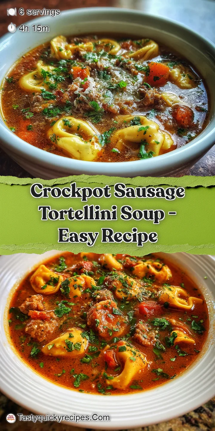 Close-up of simmering sausage tortellini soup; a rich, velvety broth studded with savory sausage and tender pasta, ready t...