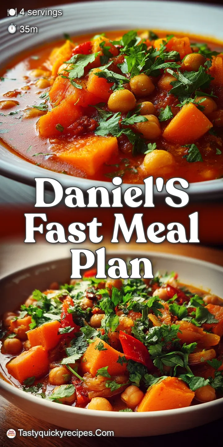 Close-up of tender sweet potato and chickpeas bathed in a savory sauce; bright, colorful, and textured with herbs and spices.